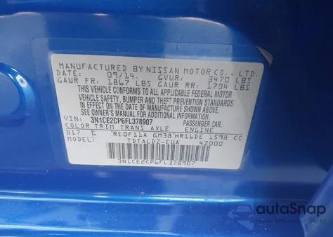 2015 Nissan Versa Note S (Sr)/S Plus/Sl/Sr/Sv z USA, uszkodzony, nr VIN 3N1CE2CP6FL378907